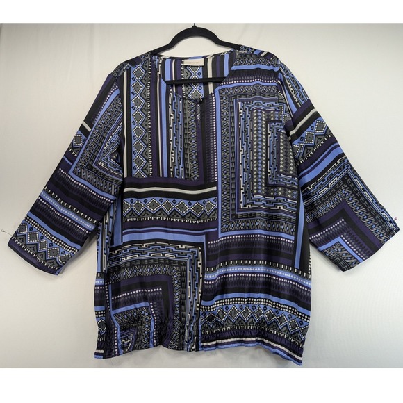 Chico's Tops - Chicos Blue Purple Geometric Tribal Print Split Neck Bubble Blouse 3/4 Sleeve